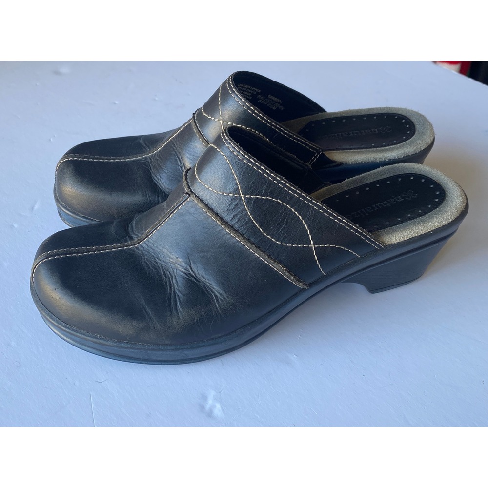 Naturalizer Raleigh Black Leather‎ Clogs Mules Block Heel Women's 8.5 M